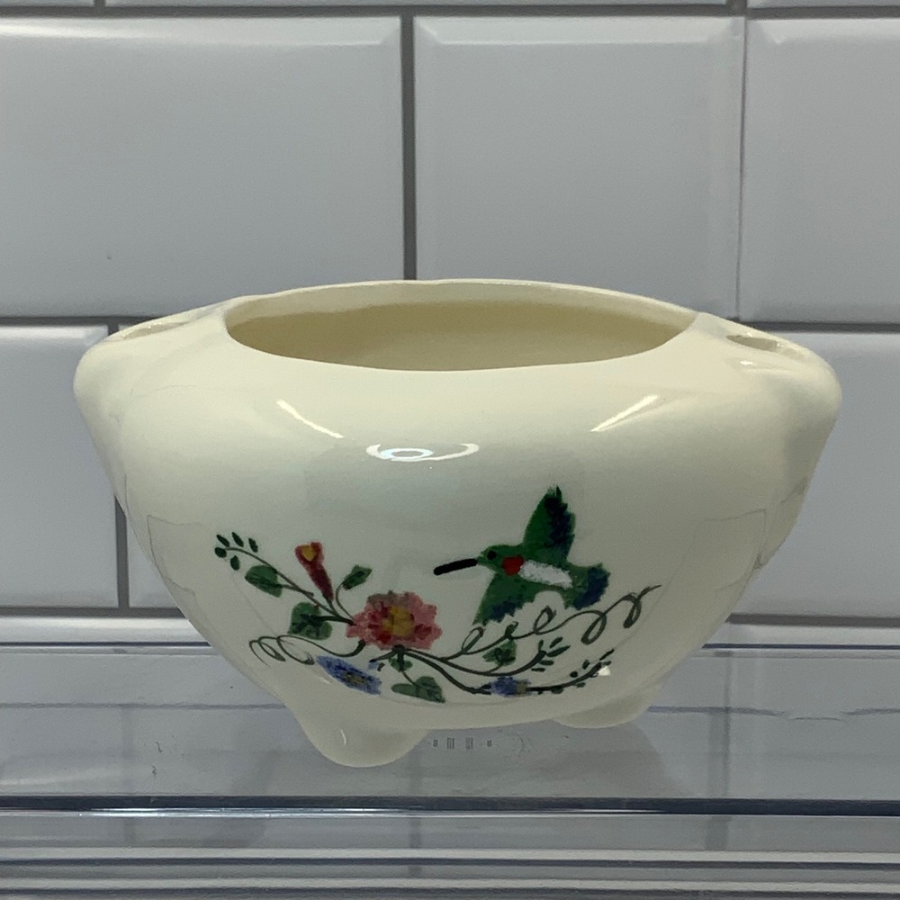Vintage Hand Painted Hummingbird Floral Ceramic Trinket Jar 4.5in